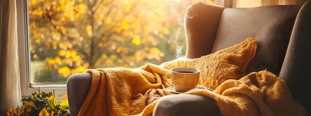 A cozy autumn scene with yellow blankets and a cup of coffee on an armchair by the window, inviting warmth for fall relaxation