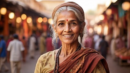 Obraz premium An elderly Indian woman stands in the bazaar with vegetables and fruits. 