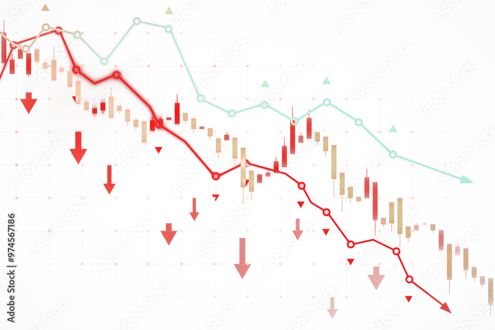 Poster Financial graph showing declining stock prices with red arrows on white background. 3D Rendering