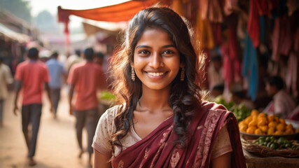 Fototapeta premium Portrait happy woman in traditional Indian attire, standing in marketplace with blurred background, depicting cultural and ethnic diversity 