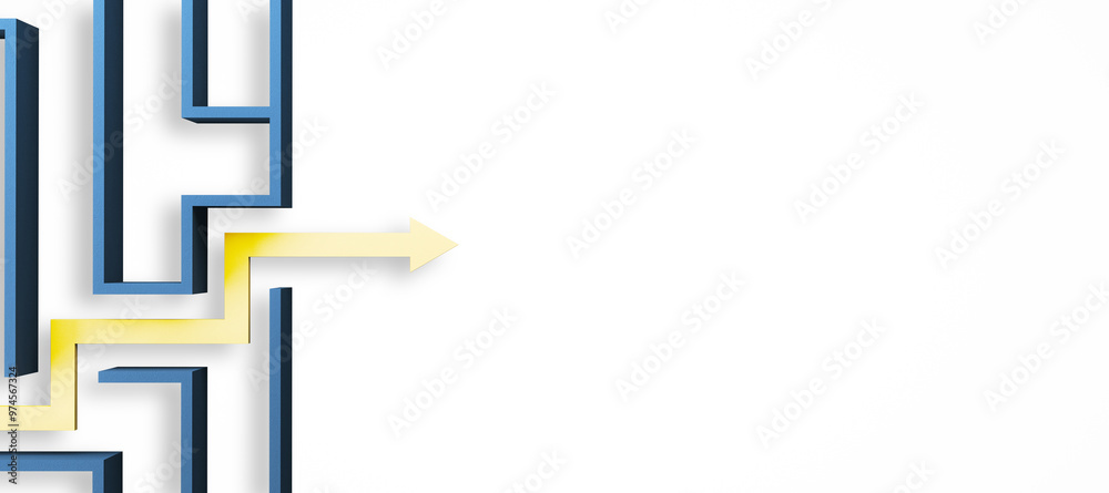 Poster Yellow Arrow Navigating Through Blue Maze on White Background. 3D Rendering