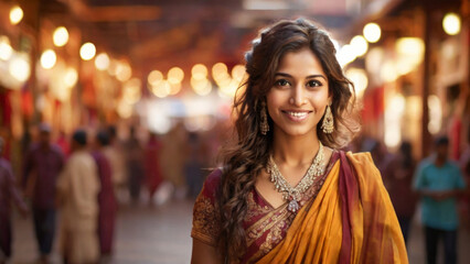Portrait happy woman in traditional Indian attire, standing in marketplace with blurred background, depicting cultural and ethnic diversity
