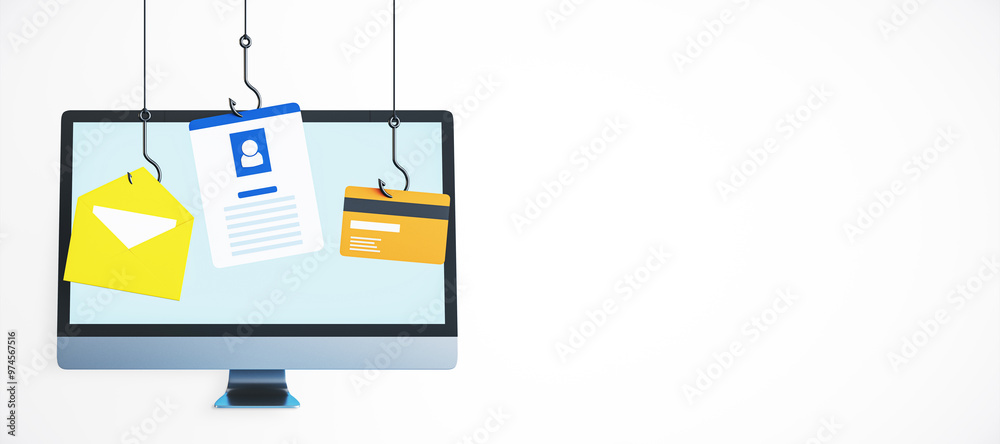 Poster Digital phishing concept on computer screen with hooks on light background. 3D Rendering