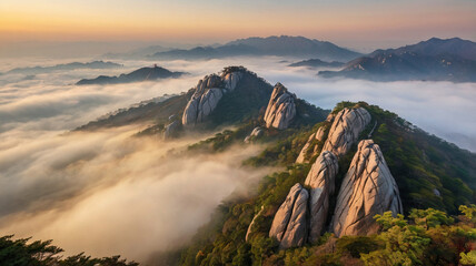 Bukhansan Mountains Covered Morning Fog
