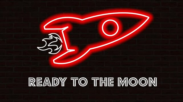 Animation of a rocket logo and neon flames in red and yellow with a blinking effect, text "READY TO THE MOON" in blue with a neon font and blinking effect, set against a brick wall background