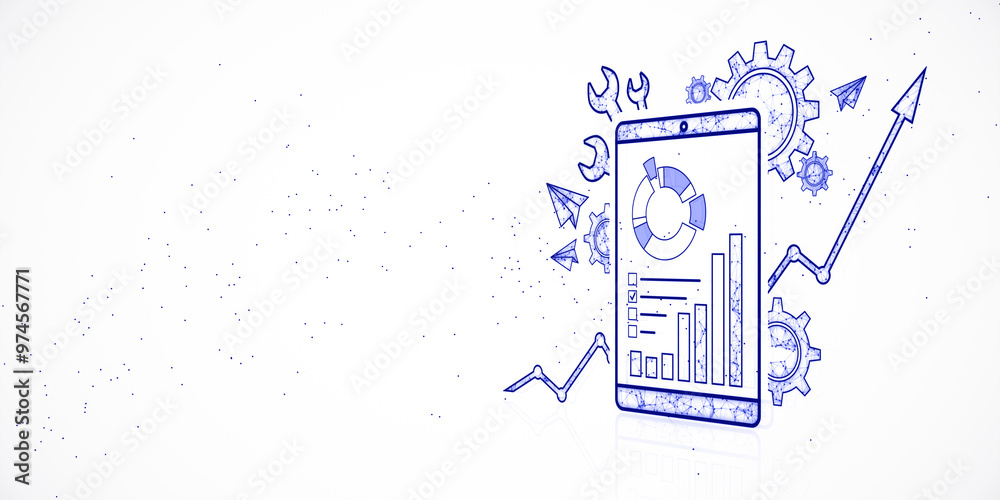 Poster digital business analytics concept with tablet and gear icons on white background. 3d rendering