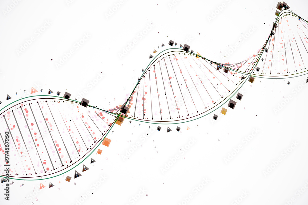 Poster Abstract DNA Helix with Geometric Shapes on White Background. 3D Rendering