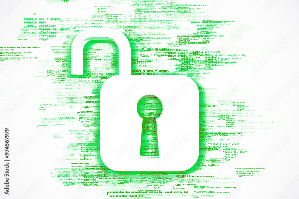 Poster unlocked padlock icon with green digital code on white background. 3d rendering