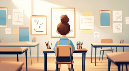 A young artist contemplates her next creation in a bright, inspiring classroom adorned with colorful drawings and art supplies, capturing the essence of creativity and imagination