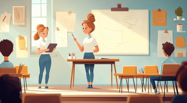 Creative art class in a bright classroom with students engaged, as a teacher explains techniques to aspiring artists on a sunny afternoon