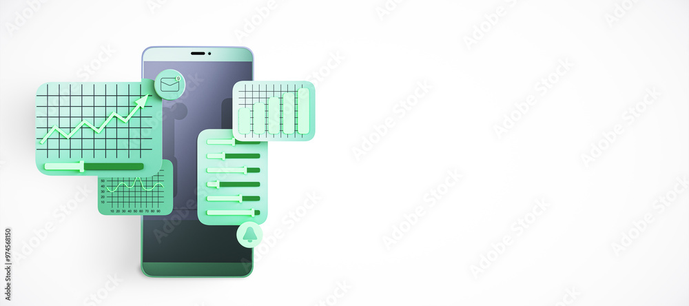 Poster Smartphone with business analytics icons on a white background. 3D Rendering