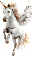A majestic unicorn with wings, soaring gracefully through the air with a magical aura and vibrant colors, embodying fantasy and wonder.
