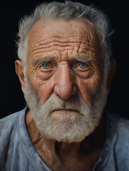 Obraz premium Elderly man with a serious expression, furrowed brow, portrait photography, close-up, intense and thoughtful gaze.