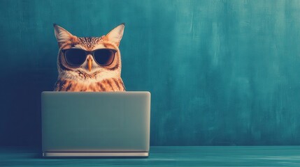 Obraz premium Business concept in minimal of Owl business consultant, reviewing data on a laptop, corporate environment, Copy space for stock photo, no text, no logo, flat design illustration