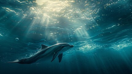 Obraz premium A graceful dolphin swims through shimmering ocean waters, illuminated by gentle rays of sunlight from above.