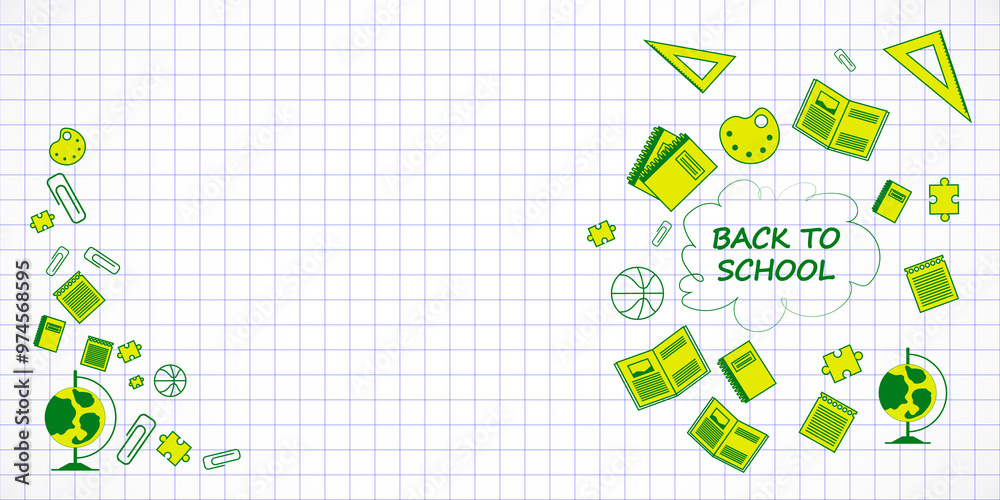 Poster back to school graphic with supplies on grid paper background. 3d rendering