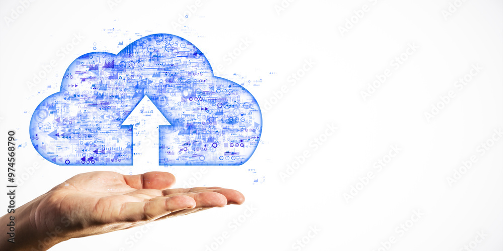 Poster hand presenting digital cloud with upload icon on white background.