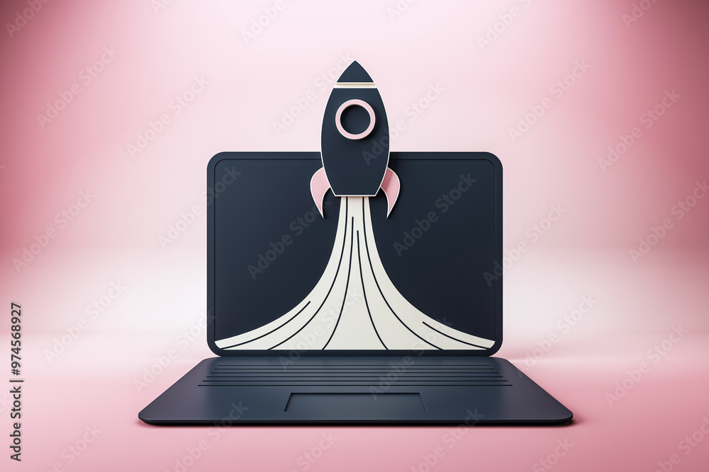 Poster rocket launching from laptop screen on pink background. 3d rendering