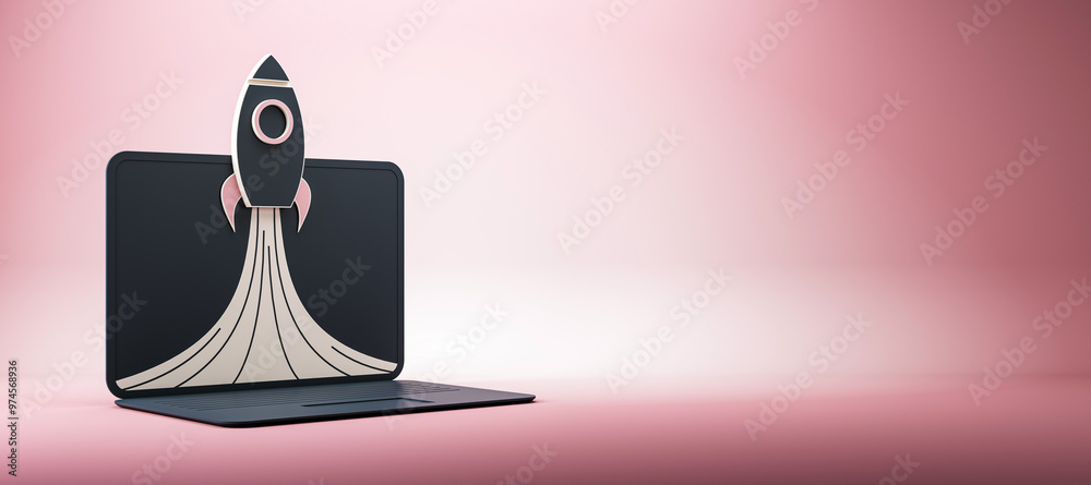 Poster Rocket launching from a laptop screen on a pink background. 3D Rendering