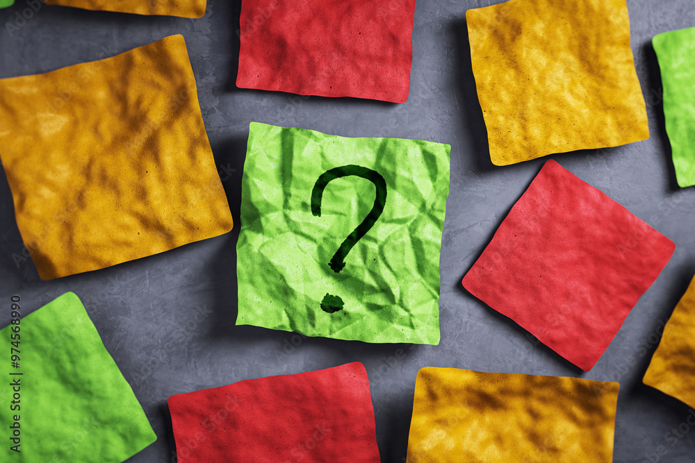 Poster colorful paper squares with question mark in the center. 3d rendering