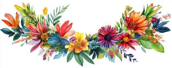 Vibrant floral arrangement featuring a colorful variety of flowers and leaves, perfect for decoration and nature-themed designs.