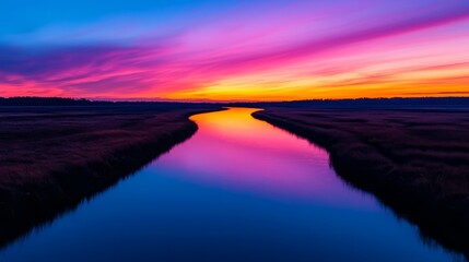 Fototapeta premium Vibrant sunset over a winding river, reflecting colorful clouds in tranquil waters, creating a serene and picturesque landscape.
