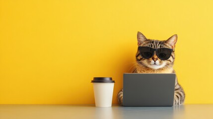Business concept in minimal of Cat with coffee cup, typing on laptop, casual business environment, minimal concept, Copy space for stock photo, no text, no logo, flat design illustration