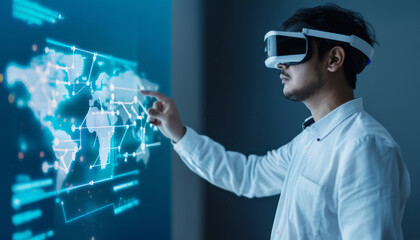 Man Wearing VR Headset Interacting with Digital World Map