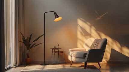 A cozy living room scene featuring stylish armchair, modern floor lamp casting warm light, and small side table with decorative plant.