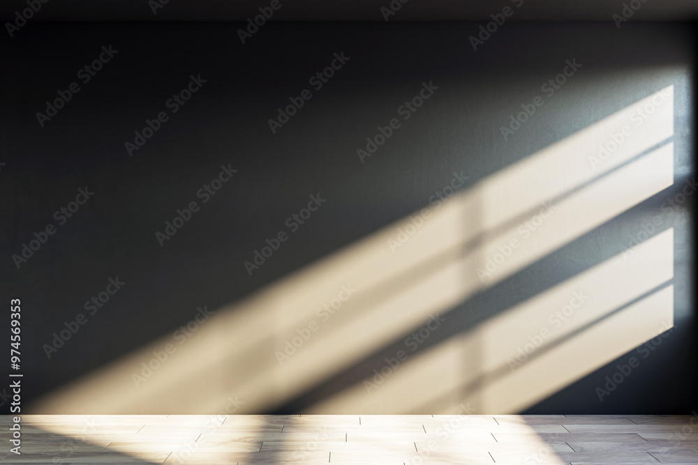 Poster Empty room with sunlight streaming through a window creating shadows on the wall and wooden floor. 3D Rendering