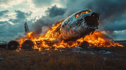 Tragic Airplane Crash Scene with Wreckage in Flames and Smoke, Clear Copy Space for Emergency Response Concept