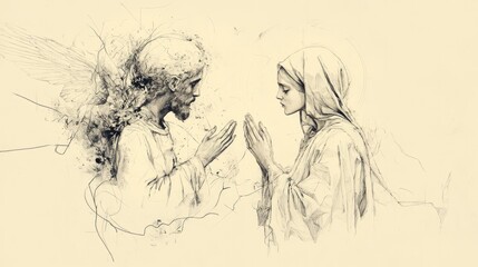 Fototapeta premium The Annunciation. The angel Gabriel appears to Mary, holding a message from God.