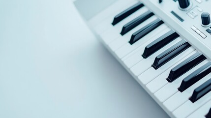 Naklejka premium Minimalist Synthesizer Keyboard on White Surface, contemporary design, sleek lines, elegant simplicity, perfect for music enthusiasts and modern interior spaces