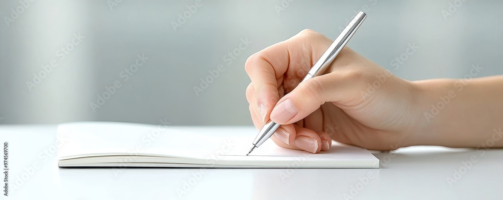 Fototapete close-up of a hand writing with a sleek black pen, the ink flowing smoothly across a blank white pag