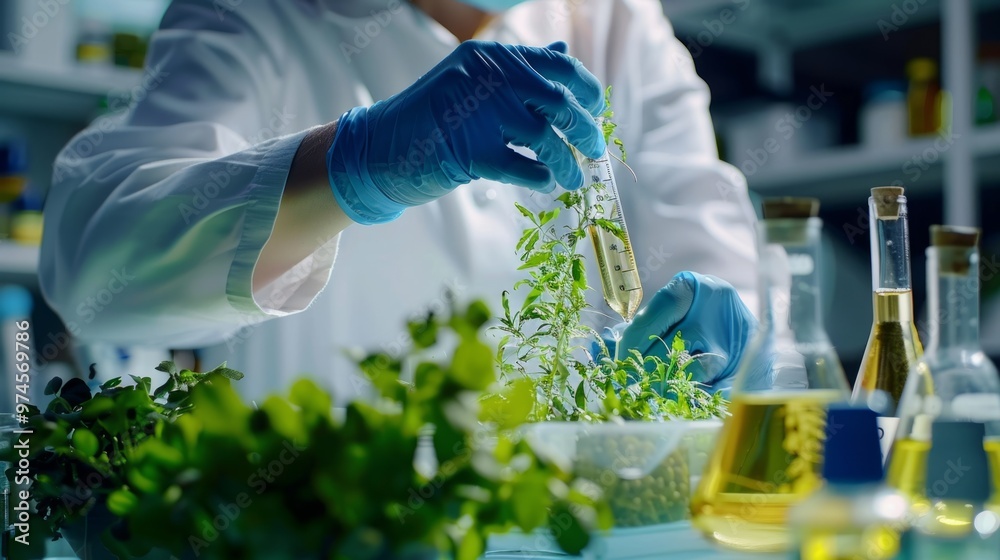 Poster A scientist is working with plants in a lab