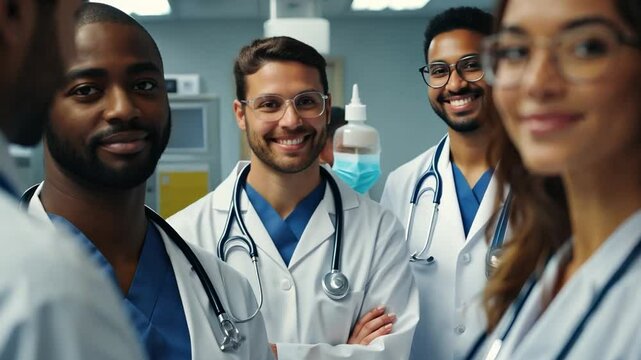 A diverse team of medical professionals discussing patient care in a hospital setting, highlighting teamwork and compassion.
