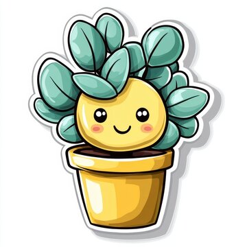 recommend clip art: 20. A happy little eucalyptus plant with rounded leaves, sitting in a soft pastel pot, outlined in a bright sticker style with a smiling face.