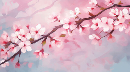 Fototapeta premium Blooming Sakura Serenade: Delicate pink cherry blossoms grace a watercolor wash background, evoking the ephemeral beauty of spring. 