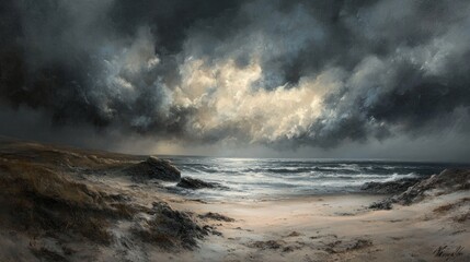 Obraz premium Stormy skies loom over a rugged coastline, waves crash against jagged rocks, dark clouds swirl above, creating a dramatic and turbulent atmosphere amidst the wild seascape.