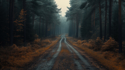 A serene forest road stretches into mist, surrounded by tall trees and soft foliage. atmosphere evokes sense of calm and mystery, inviting exploration.