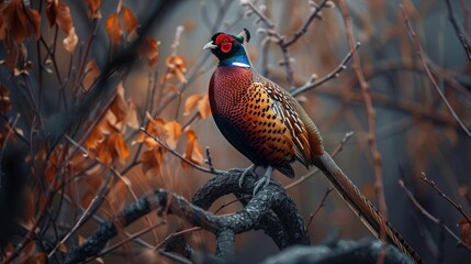 a ring necked pheasant perched on a branch