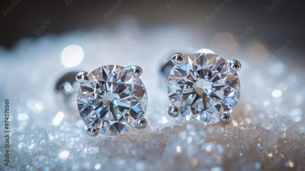 Poster A detailed shot of a pair of diamond earrings with a unique design, captured with a macro lens to emphasize the cut and sparkle of each stone.