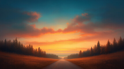 A serene landscape featuring tranquil road stretching into distance, framed by lush trees and vibrant sunset sky. warm hues evoke sense of peace and calm.