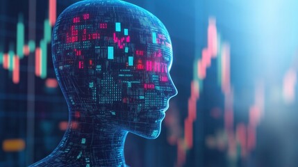 Digital AI Head with Data Visualizations and Binary Code