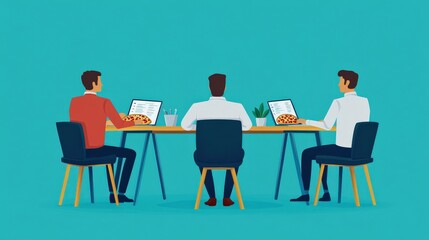 Fototapeta premium Business concept in minimal of Entrepreneurs enjoying pizza during work meeting, laptops and charts on table, Copy space for stock photo, no text, no logo, flat design illustration