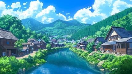 Fototapeta premium A serene landscape featuring a river flowing through a quaint village surrounded by lush mountains and vibrant skies.