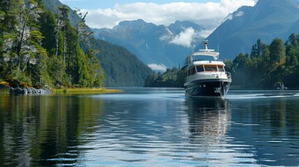 Luxury Yacht Sailing Through Mountain Lake