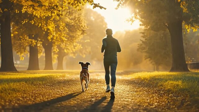 A dog and its owner jogging together in a park, highlighting the bond and shared activity, with trees and sunlight creating a peaceful setting.