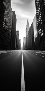Fototapeta A stunning black and white cityscape featuring towering skyscrapers and a wide, empty street leading to the distant skyline.