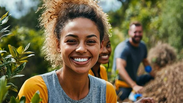 A diverse group of volunteers cleaning up a local park, their genuine smiles reflecting the impact of their efforts.